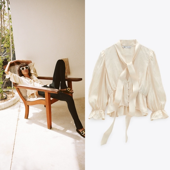 Zara | Tops | Nwt Zara The Louise Satin Jacquard Tie Neck Blouse Size  Medium | Poshmark